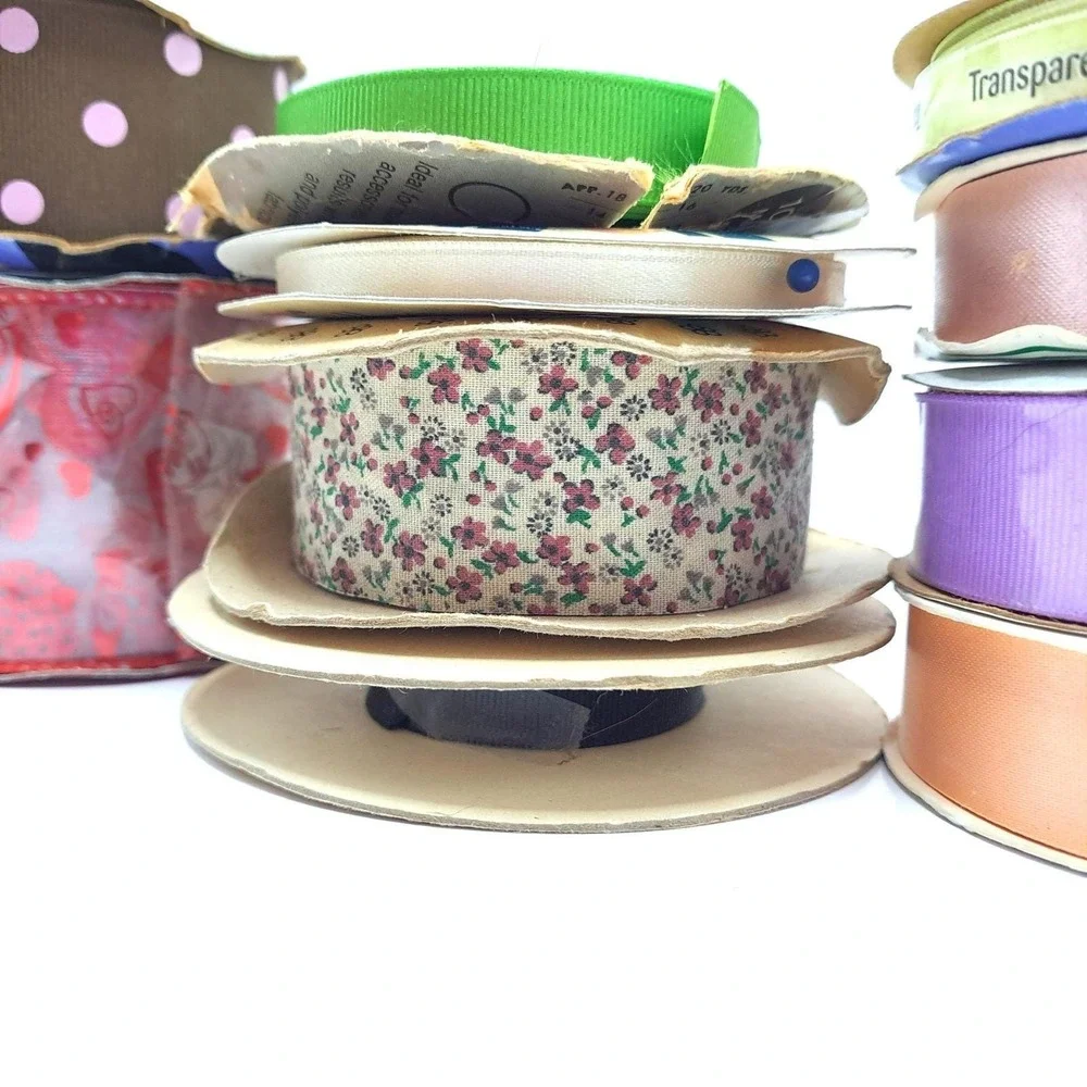Vintage Ribbon Lot 10 Rolls Mixed Floral Polka Dot Sheer Satin Grosgrain Destash